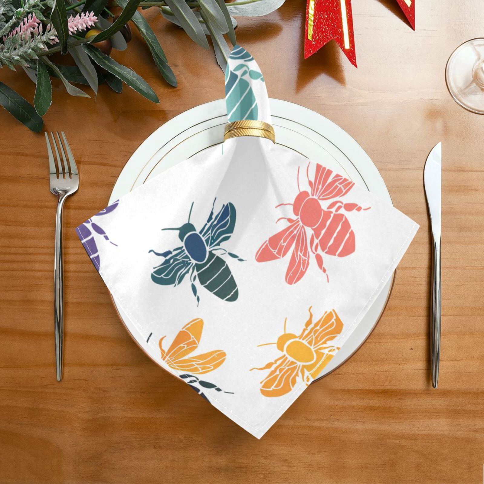 JSTEL Colorful Bee Print Cloth Napkins Set of 6, 20x20 Inch Washable and Reusable Napkin for Decoupage Dinner Party Everyday Use