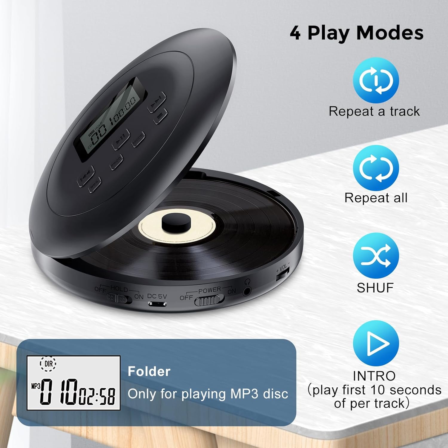 Gueray Portable CD Player with Dual Stereo Speakers, Rechargeable CD Player for Car, Walkman CD Players for Home with Headphones and AUX Cable