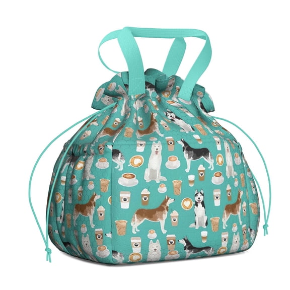 Husky and Coffee Drawstring Lunch Bag Women - Drawstring Lunch Bag Insulated for Work Office - Stain-Resistant Large Lunchbags for Women with Multi-Pockets