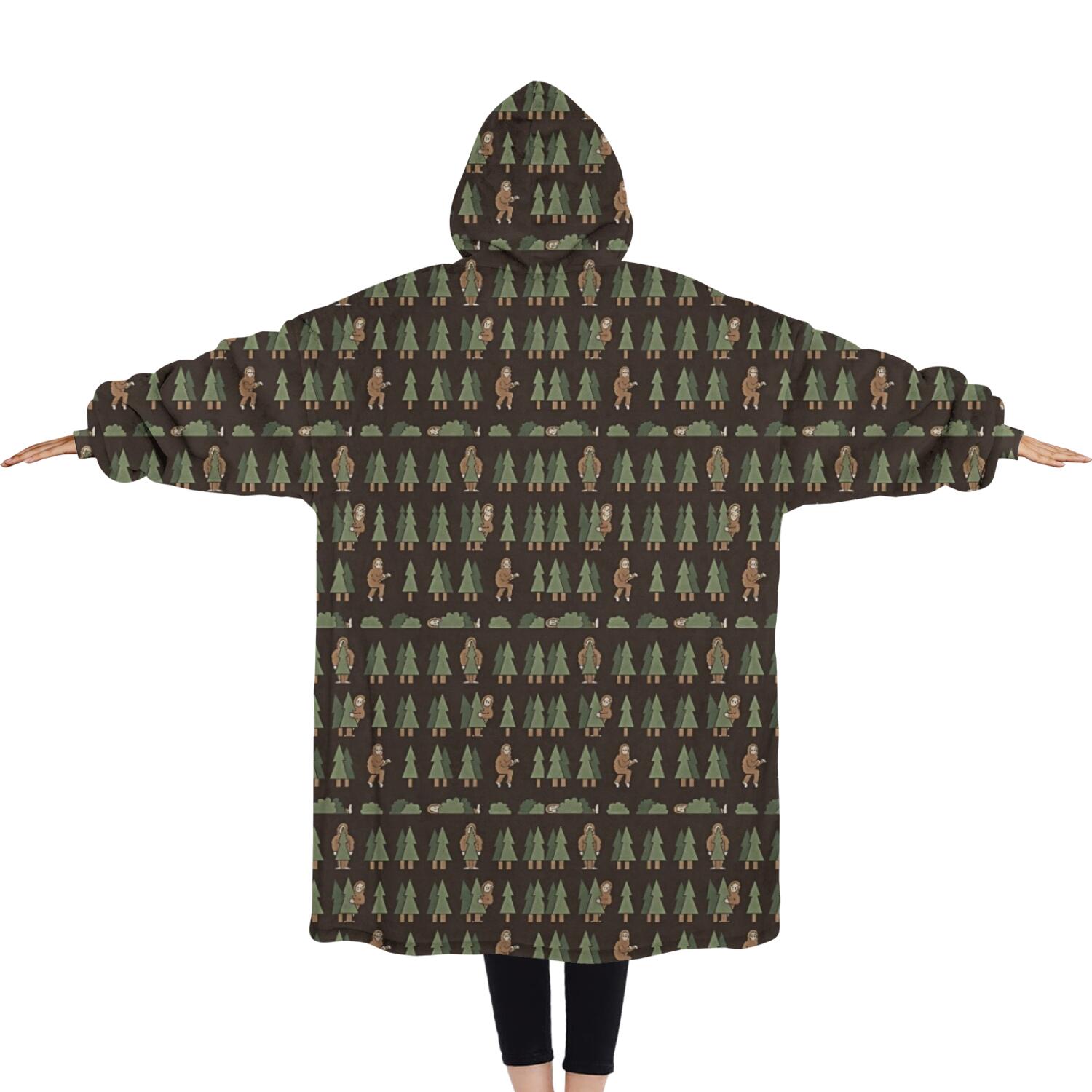 Oversized Wearable Blanket Hoodie,Dark Brown Bigfoot and Tree Pattern Sherpa Blanket Hoodie with Super Pockets,Super Warm Fuzzy Pullover for Women & Men
