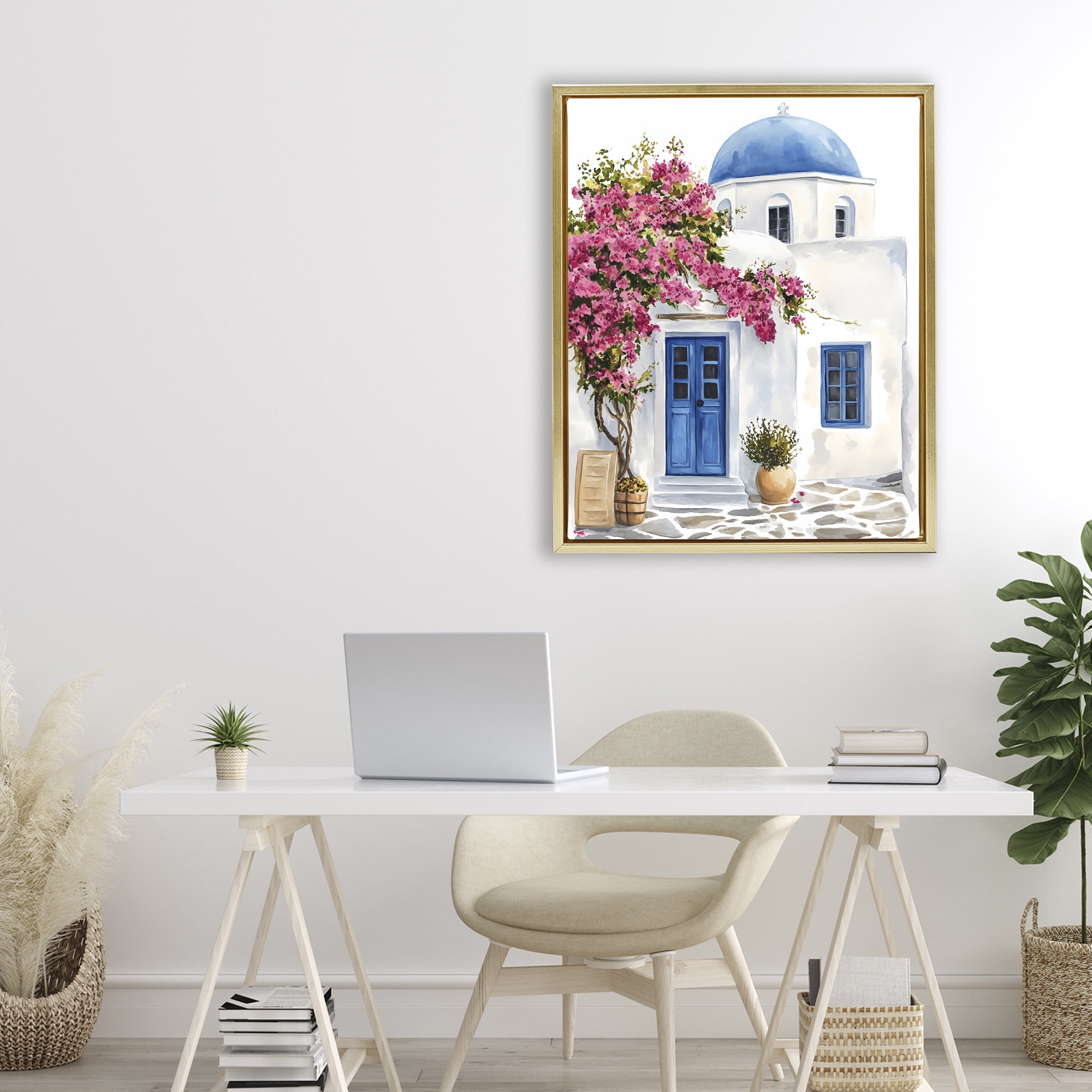 Stupell Industries Santorini House with Bougainvillea Gold Framed Floater Canvas Wall Art, design by LSR Design Studio