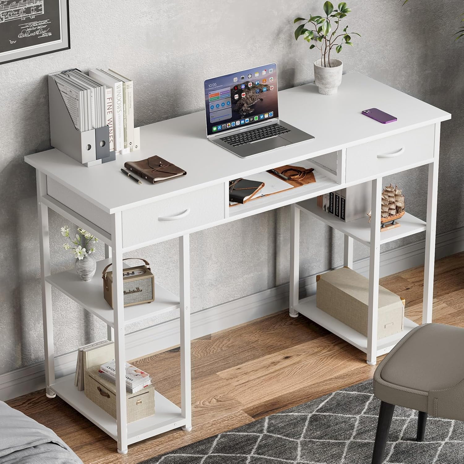 48 inch Computer Desk with Drawers, Modern Study Writing Table with Storage Shelves for Bedroom Home Office, White
