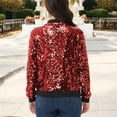 thumbnail image 3 of Women's Sequin Jacket Sparkle Long Sleeve Front Zip Casual Blazer Bomber Jacket With Pockets- Large, Burgundy, 3 of 5