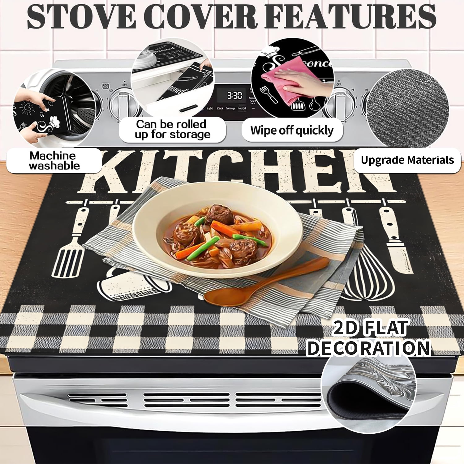 Top Cover for Electric Stove 28 "x 20 ", Checkerboard pattern ，Resistant Glass Top Stove Cover Protector, Glass Cooktop Covers, Kitchen Flat Electric Stove Top Covers