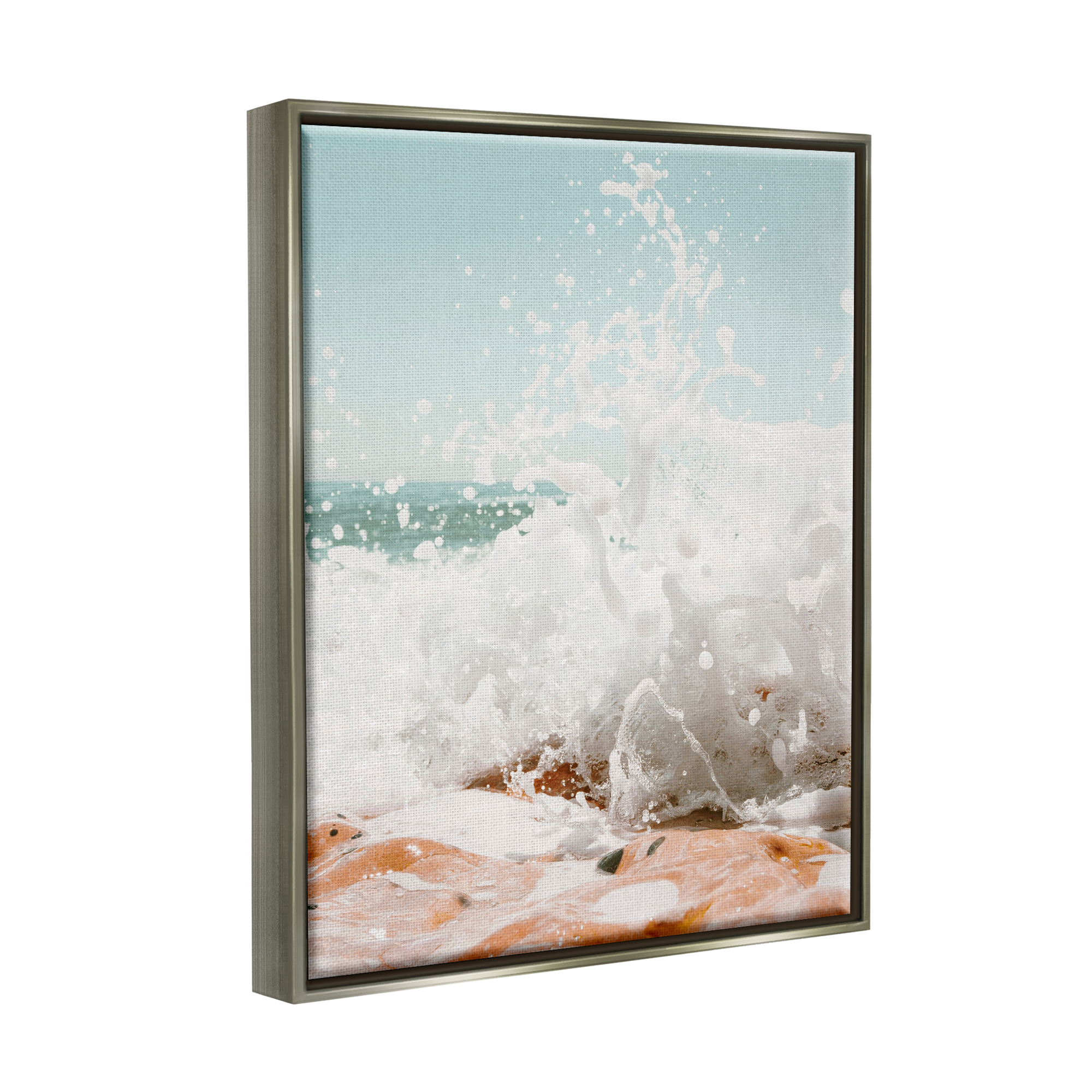Stupell Splashing Sandy Beach Sea Foam Landscape Photography Gray Floater Framed Art Print Wall Art