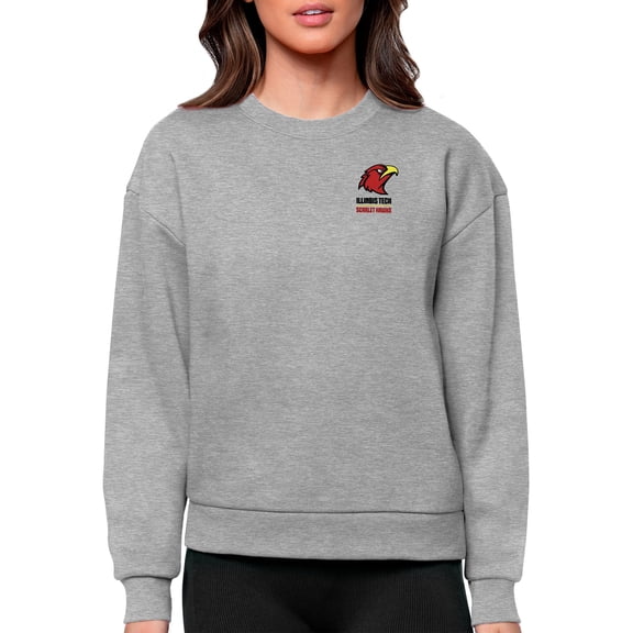 Women's Antigua Heathered Gray Illinois Tech Scarlet Hawks Victory Crewneck Pullover Sweatshirt