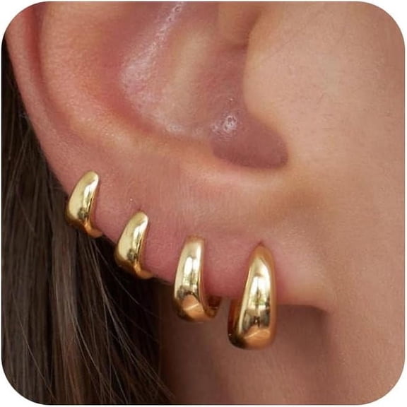 ELESMILO 4 Pairs Small Huggie Hoop Earrings for Women - Chunky 14K Gold Plated/Silver Plated Lightweight Earring Stacks Cartilage Hoop Earrings Set for Multiple Piercing Trendy Jewelry