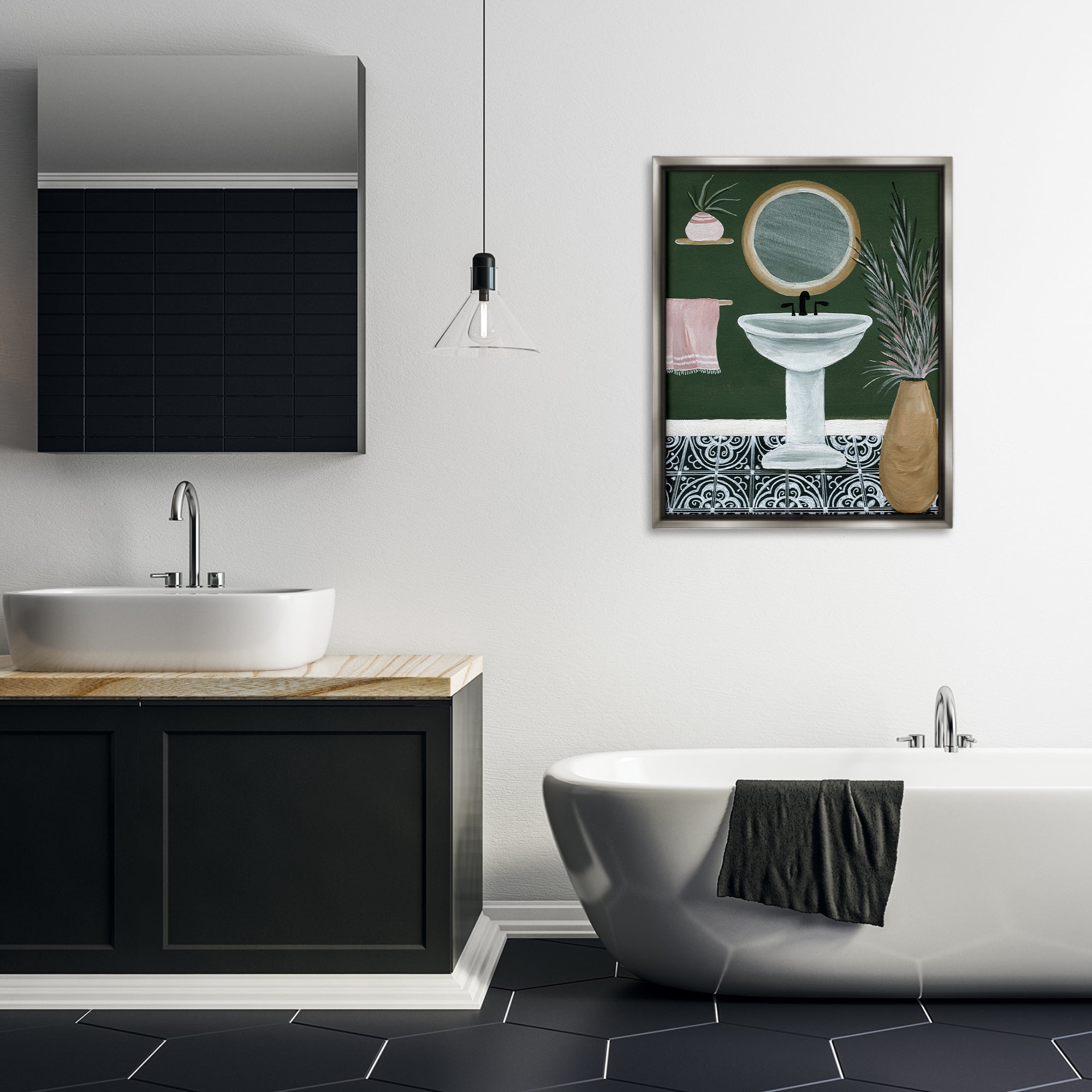 Stupell Industries Chic Green Bathroom Typography Painting Gray Floater Framed Canvas Art Print Wall Art, 25 x 31