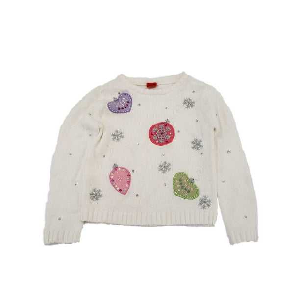 Girls White Holiday Christmas Tree Ornaments Sequin Winter Knit Sweater Shirt S Walmart Com