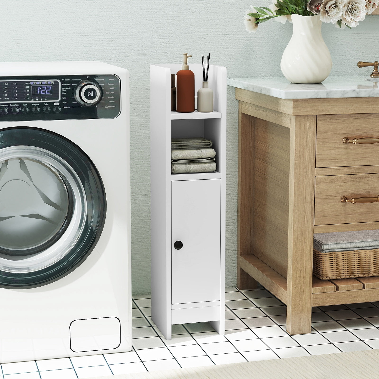 Topbuy Bathroom Storage Cabinet Small Corner Floor Cabinet with Door and Adjustable Shelves Toilet Paper Holder Stand White