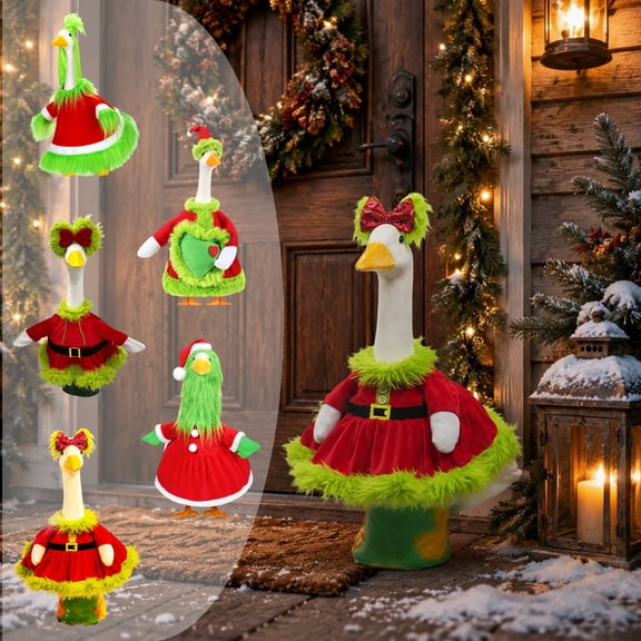 LEFXSMR Christmas Porch Goose Outfit, Winter Plush Christmas Goose Outfit with Bow, 23" Porch Goose Outfits for Patio Yard Lawn Garden Outdoor