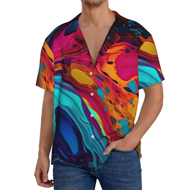 Balery Colorful Abstract Swirls Camisa Casual de Manga Corta con Botones para Hombre, Texturizada, Estilo Cubano, para Playa, Verano-X-Large