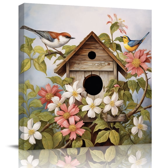 Wall Art Prints, Birdhouse Vintage Framed Canvas Prints for Bedroom Living Room Bathroom Office, Spring Floral Birds Botanical Gallery Wrap Wall Art Poster for Gifts Home Decor 20"x20"
