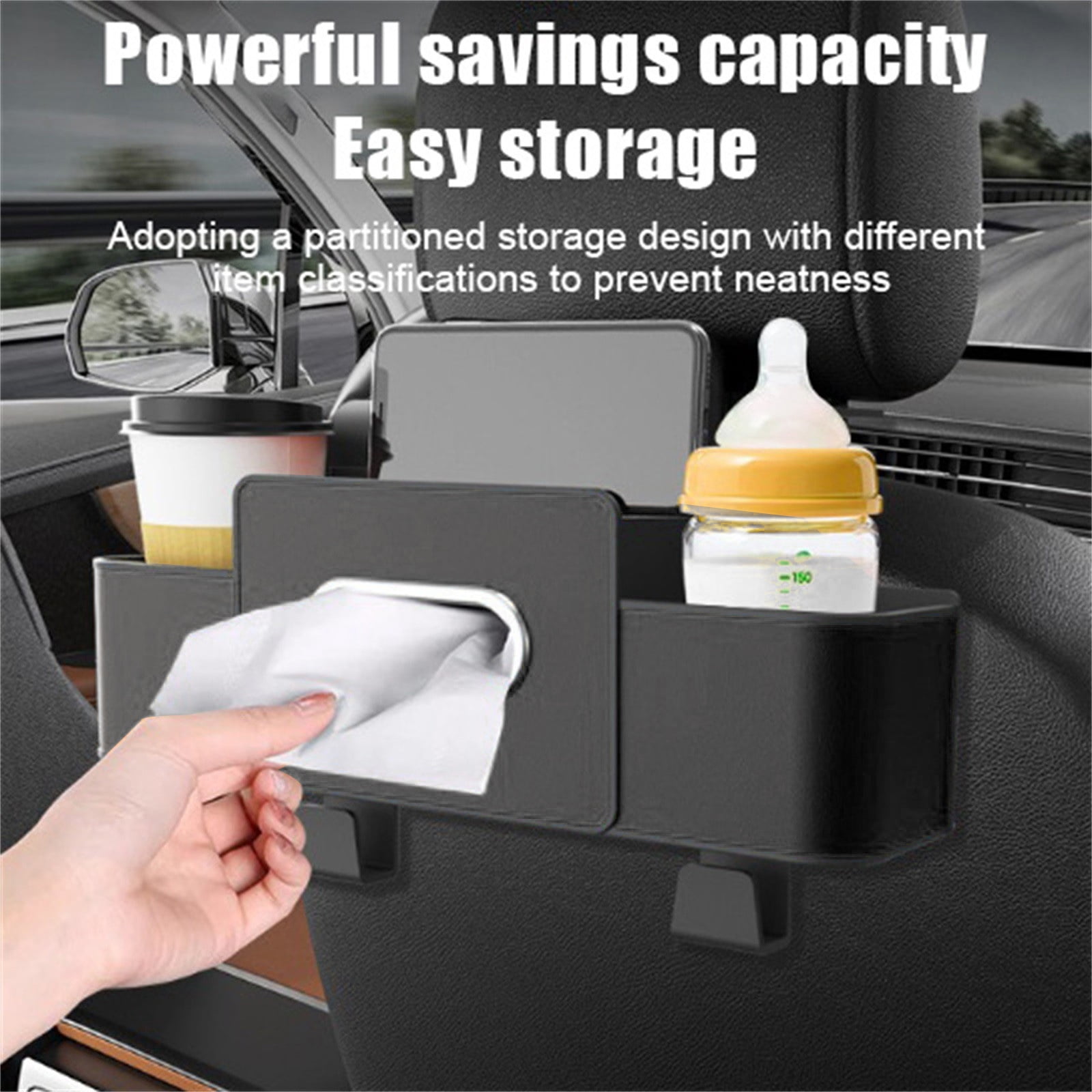 Car Rear Backseat Extra Multifunctional Drink Cup Holder Organizers with Tissue Paper Storage Box Organizer & Hooks for Car Seat Back - 1Pc, Durable Storage Box for Car Accessories(Black,11.8x3.9")