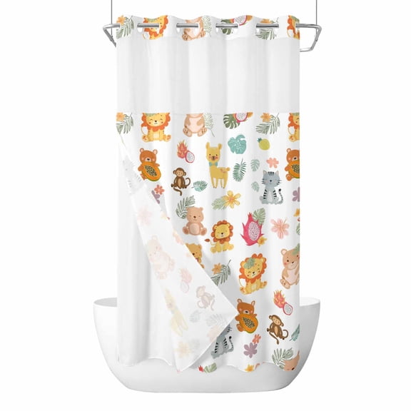 Cute Animals No Hook Shower Curtain with Snap in Liner Lovely Cartoon Lion Camel Cat Bear Monkey Leaf Flower Waterproof Bathroom Shower Curtain with See Through Top Window for Bathtub 36" x 72"