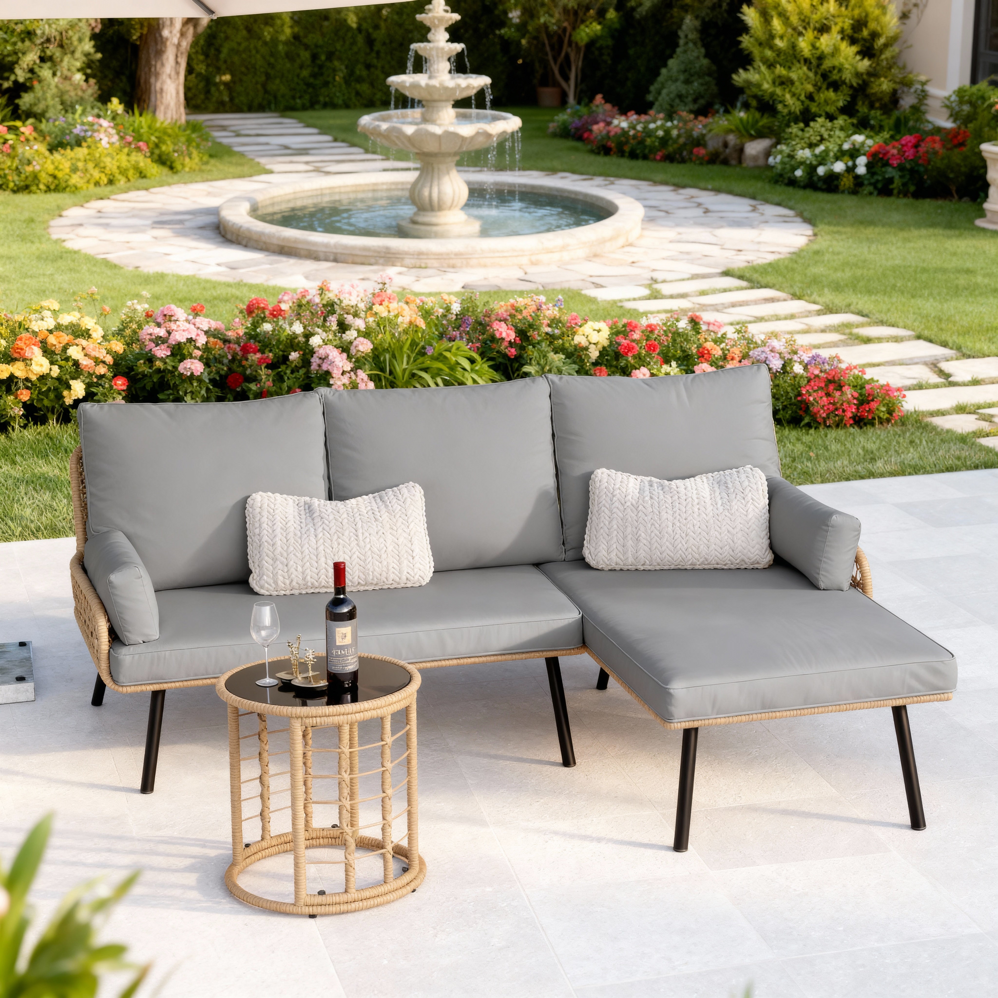 Aiho 3 Pieces Outdoor Patio Furniture Set, All weather PE Wicker L-shaped Outdoor Sectional Sofa with Tea Table & Soft Cushions, Perfect for Patio, Poolside, Gray