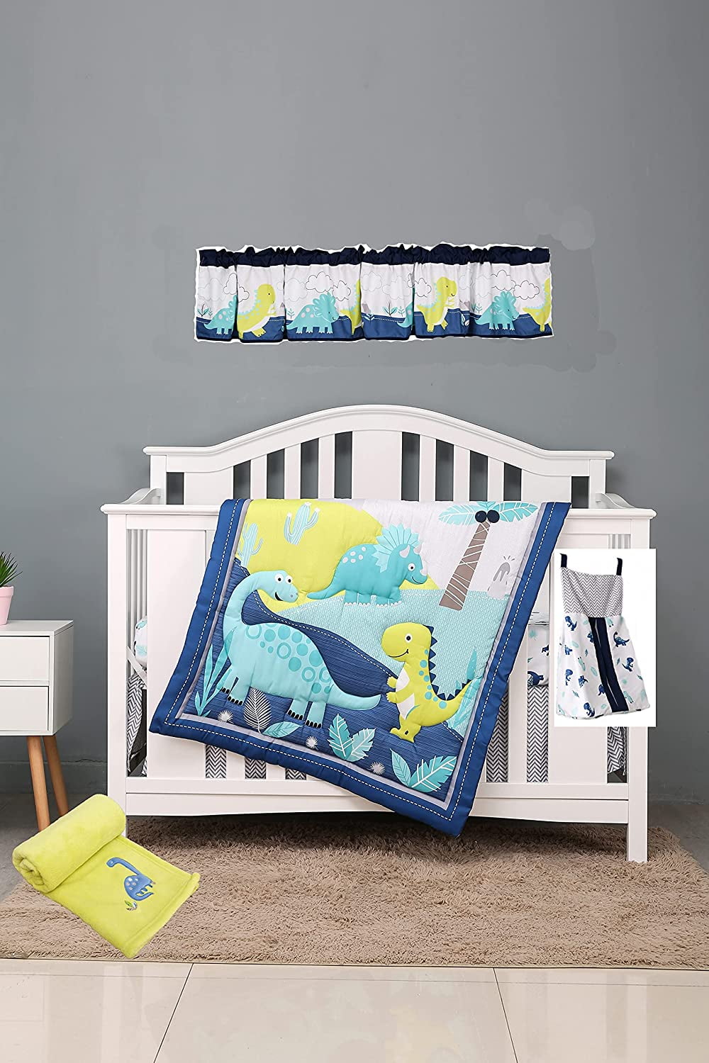 6 PCs Dino Themed Nursery Crib Bedding Set Blue TRex Dinosaur Thematic Baby Boy Cot Bedding Set