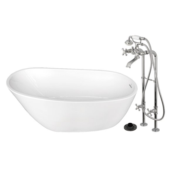 Kingston Brass KTRS5929266K1 59-Inch Acrylic Oval Single Slipper Freestanding Tub with Faucet Combo and Drain in Glossy White/Polished Chrome