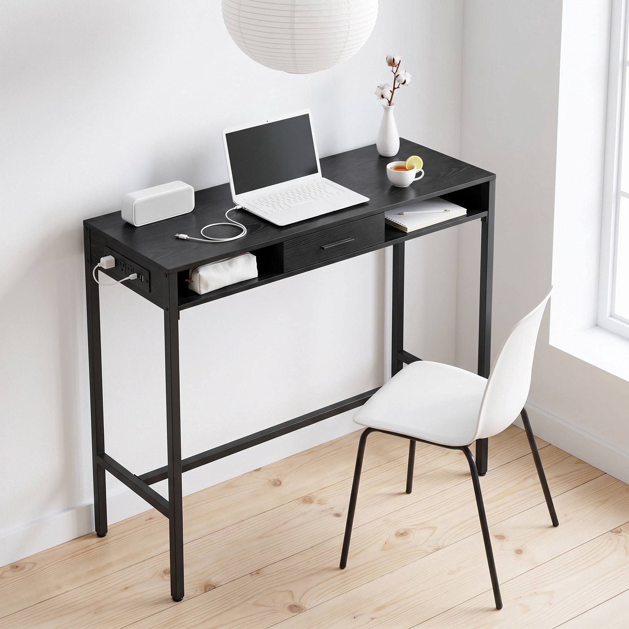 Nordic Hygge Bar Height Pub Table with Storage and Built-In Power Strip, Fabric Drawer, and Side Hooks