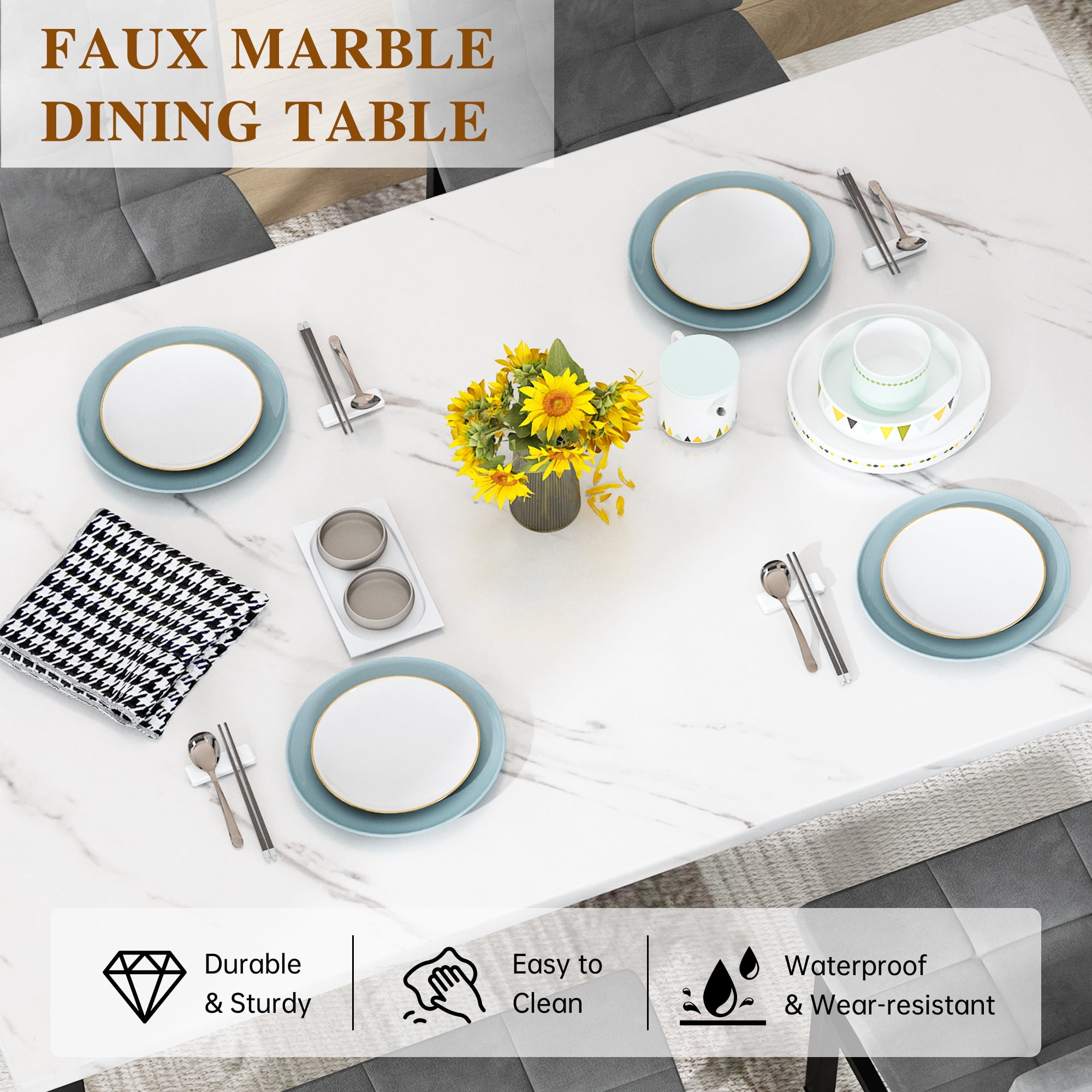 Baxluxe 4-Person Dining Table Set for 4, 5 Pieces Faux Marble Kitchen Table and Chairs Set, Rectangle Dining Table with 4 Tufted Velvet Dining Chairs, Modern Dinette Set for Breakfast Nook, Gray