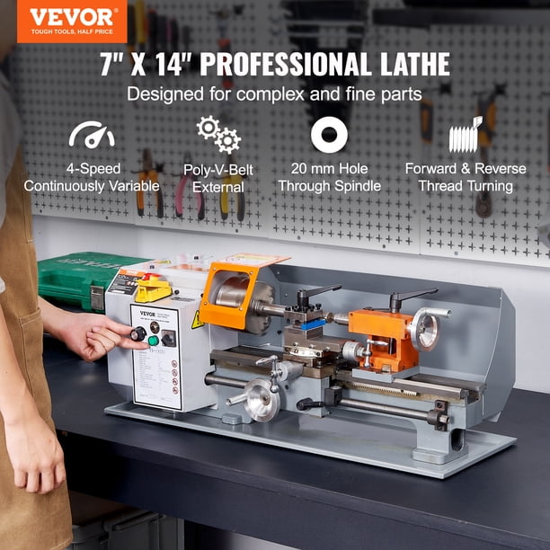 VEVOR Máquina de torno de metal, 7'' x 13.78'', Torno de metal de precisión de mesa, 0-2200 RPM Velocidad continuamente variable, Engranajes de metal de motor de cepillo de 500 W, con caja de herramie