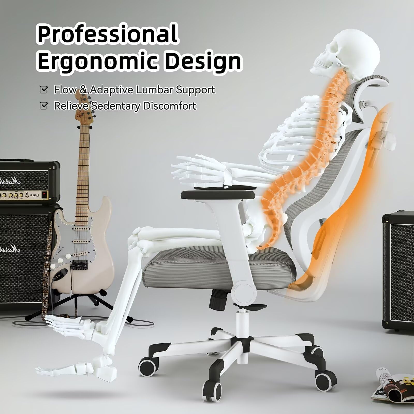 Ergonomic Office Chair Reclining Gaming Chair Adjustable Lumbar Support 4D Armrest 6D Headrest Breathable Mesh Swivel Computer Chairs Home Studio Chairs Desk Chair Coat Hanger Tilt Lock(Pro, Grey)