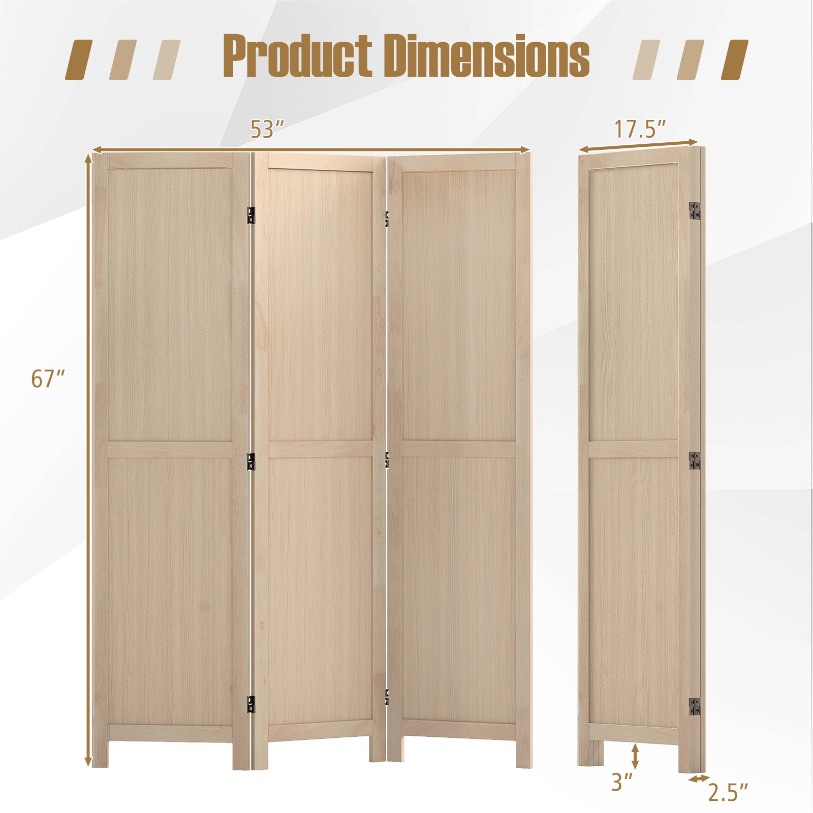Gymax 3 Panel Folding Room Divider 67''Rubber Wood Privacy Screen for Room Separation