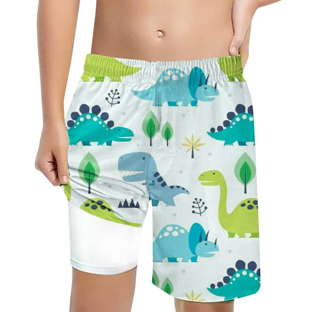 Sunnyoo Shorts de Bain pour Petits Garçons à Imprimé Dinosaure de Dessin Animé avec Doublure de Compression, Shorts de Plage