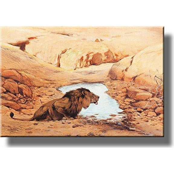 Lion by the Pond Picture on Stretched Canvas, Wall Art Decor, Ready to Hang!