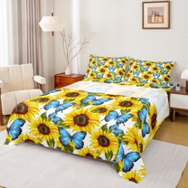 Manfei Chic Blue Butterflies Twin Sheet Sets,Countryside Sunflower Twin Fitted Sheet,Rustic Plant Flat Sheet For Girl,Super Cozy Room Decor,3 Pieces