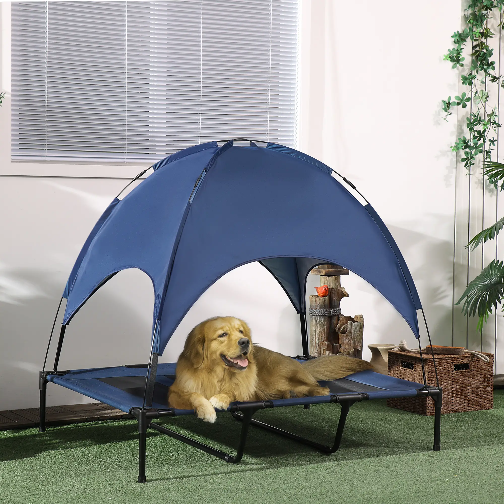 Elevated Dog Cot Cooling Pet Bed with Canopy Outdoor Raised Dog Bed Foldable Portable Pet Cot Breathable Mesh Sleeping Bed for Large XL XXL Dogs Camping Backyard Patio Travel with Carry Bag
