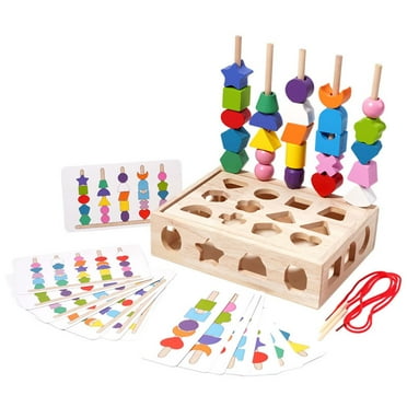 Twfbrm Wooden Beads Sequencing Toy Set 3 In 1 Wooden Color Shape Sorters Toys Lacing Beads Matching Stacking Box Game Preschool Learning Toys For Kids