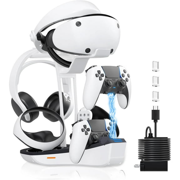 4-in-1 Controller Charging Station for PSVR2 and P5, Dual Charging Dock with VR Headset Display Holder and Headphone Rack, LED-Charging Indicator, AC Power Adapter, RGB Lights, 3 Magnetic Connector