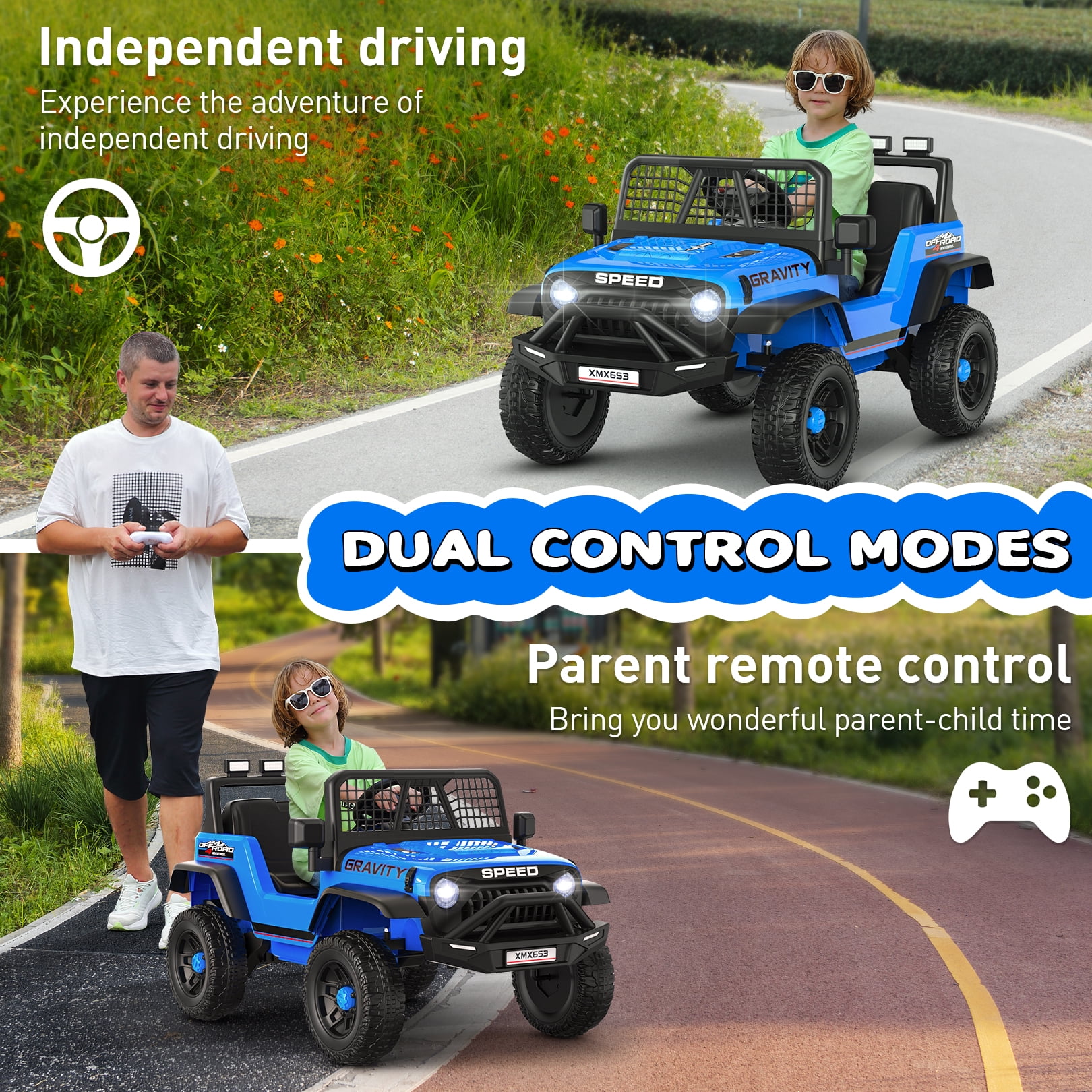 Funcid 12 Volt Ride on Toys for Toddlers Ride on Cars with Remote Control, Battery Powered Ride on Truck Car w/ Bluetooth Music, LED Lights, Spring Suspension, 3 Speeds, Blue