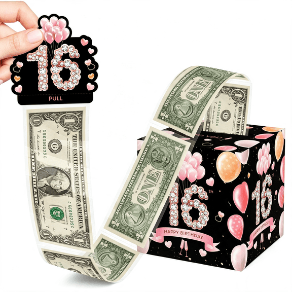 CCOCC 16Th Birthday Money Box for Cash Gift Pink Gold Surprise Birthday Gift Set Birthday Surprise Box for Kids Boys Girls,Fun and Loving Way to Offer Cash Gift (With 35Pcs Bags)