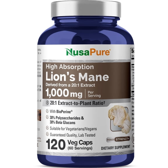 NusaPure Lions Mane Capsules, 1000 mg, 120 Veg Capsules (Non- GMO, Gluten Free))