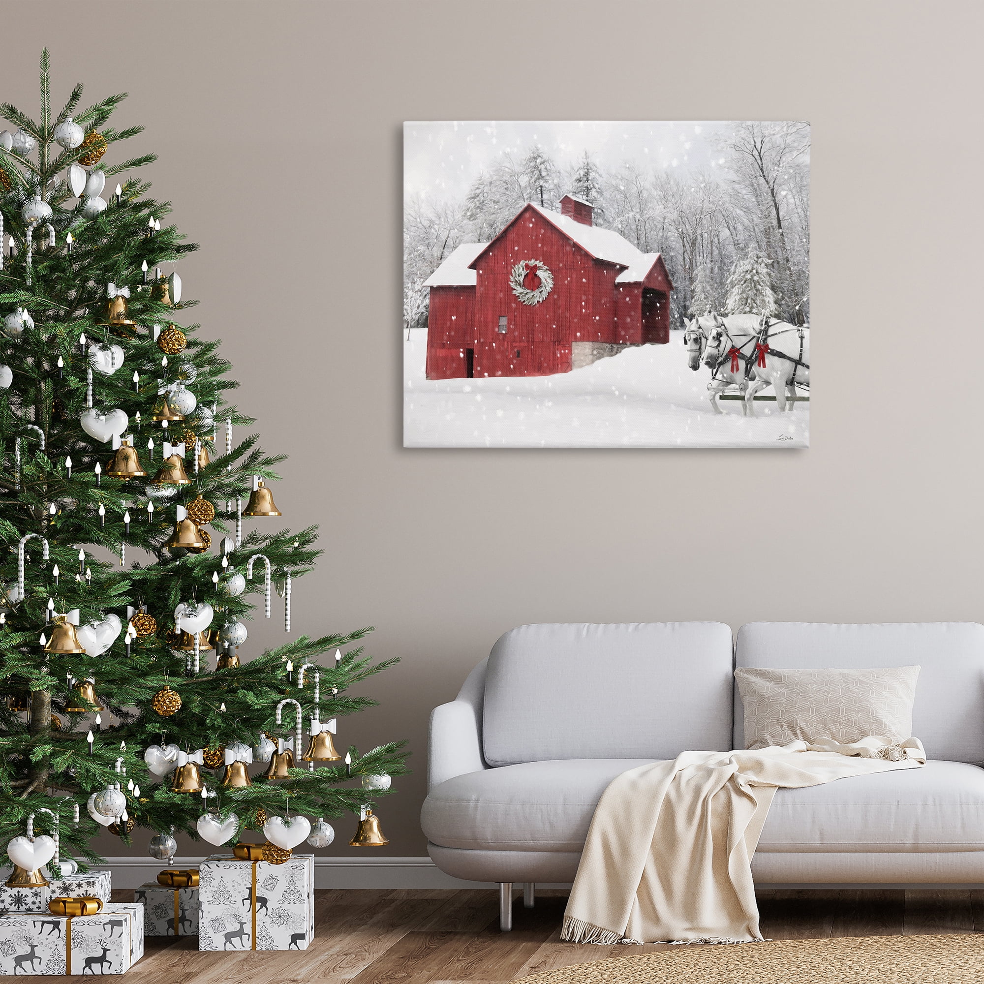 Stupell Industries Snow Covered Red Barn Holiday Painting Gallery Wrapped Canvas Art Prints Wall Art, 48 x 36