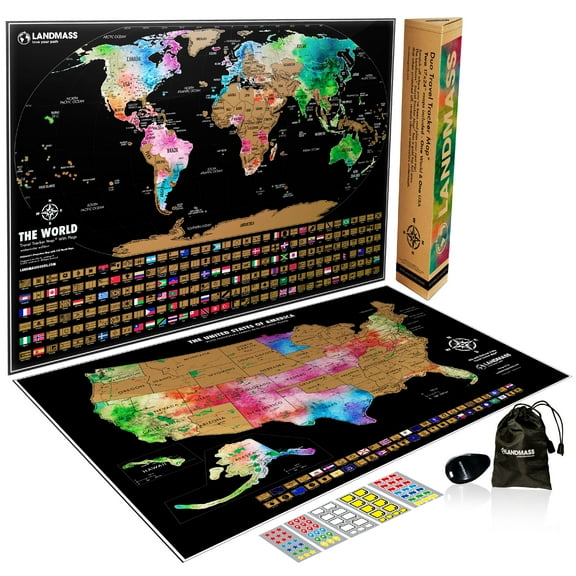 Landmass - Scratch Off World Map Poster   Bonus USA Scratch Off Map - Detailed Cartography - Travel Tracker Maps with Flags - Wall Art - Unique Gift - Gift For Travelers - 24 x 17 inches