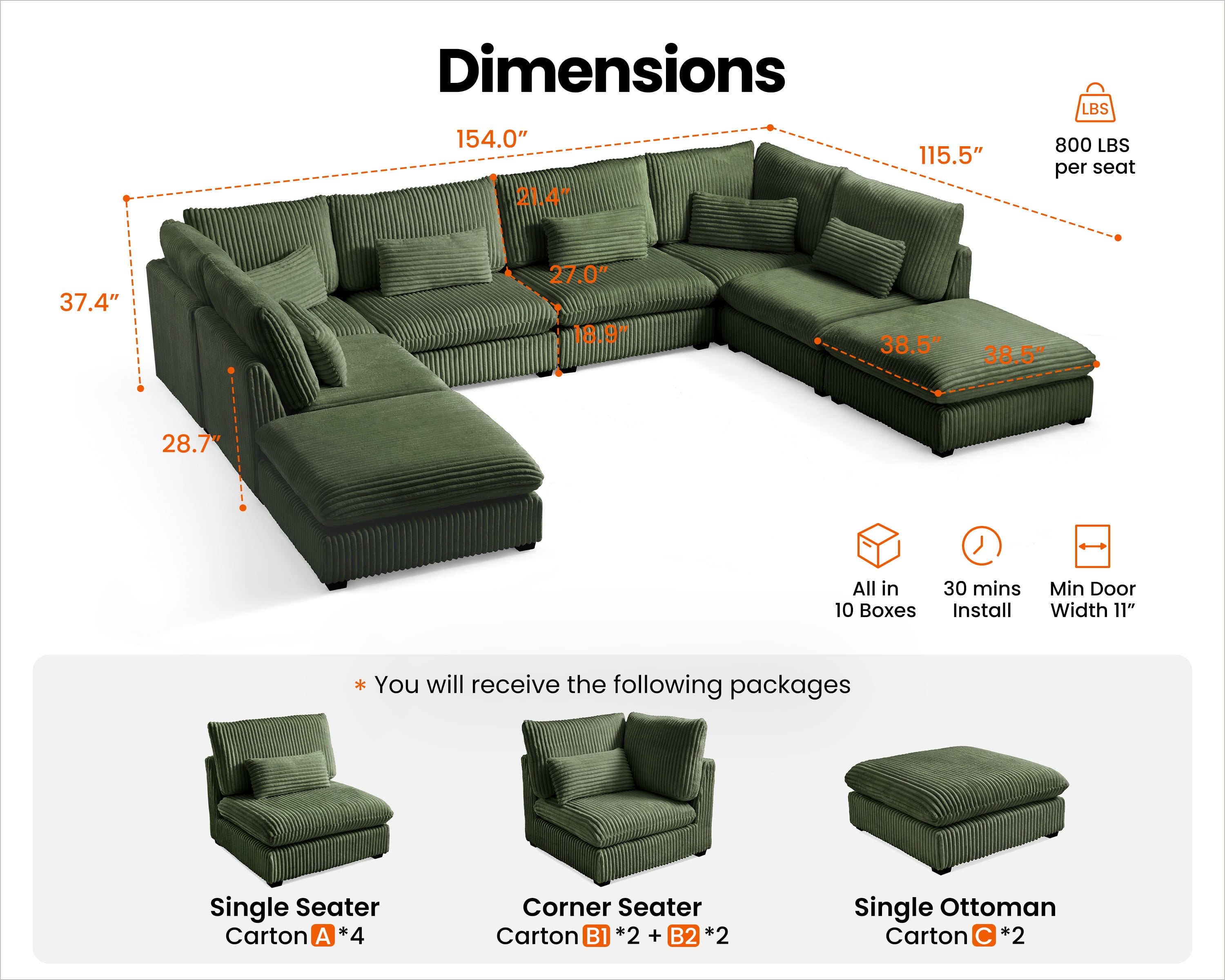 CHIC HOUSE Oversized Modular Sofa,Extra Deep Cloud Corduroy Sectional Couch with Ottoman Chaise,FSC Certified Fluffy Chenille 6 Seat U-Shaped Sofa for Living Room,Villa