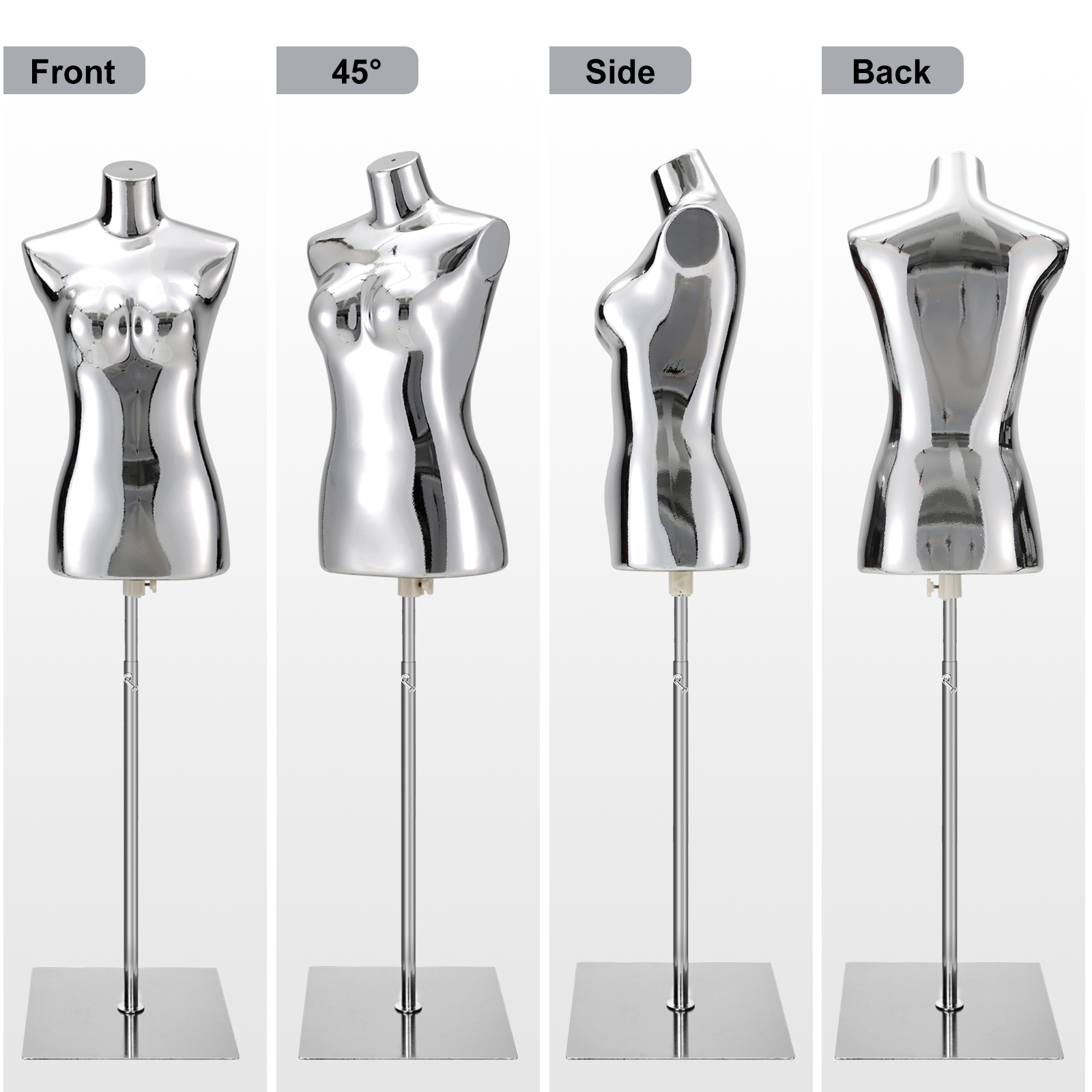 Female Mannequin Dress Form Torso - Manikin Body with Metal Stand Height Adjustable, Display Mannequin Body for Sewing Clothes (40-75Inch, Silver)