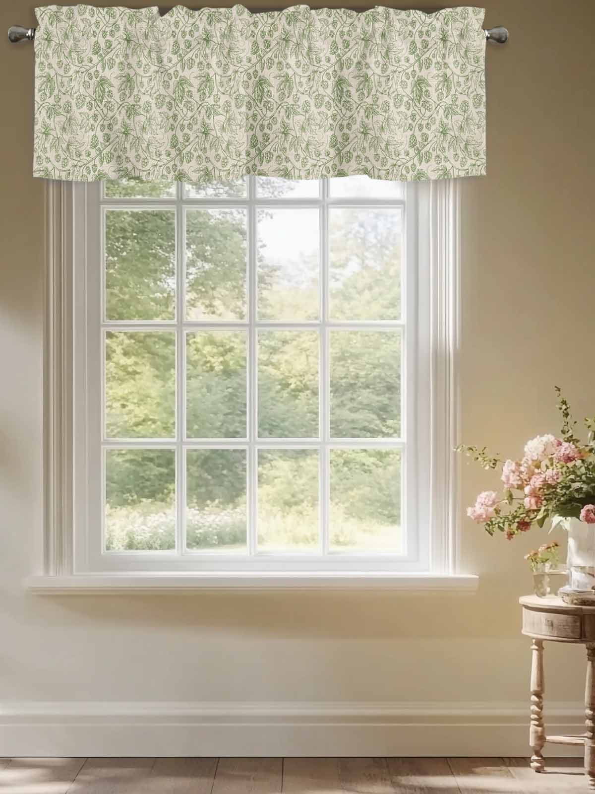Kitchen Valances for Window, Vintage Sage Green Botanical Light Filtering Rod Pocket Valance Curtain, Ombre Leaves Retro Linen Short Curtains Window Topper for Bedroom Bathroom Living Room 54x18in