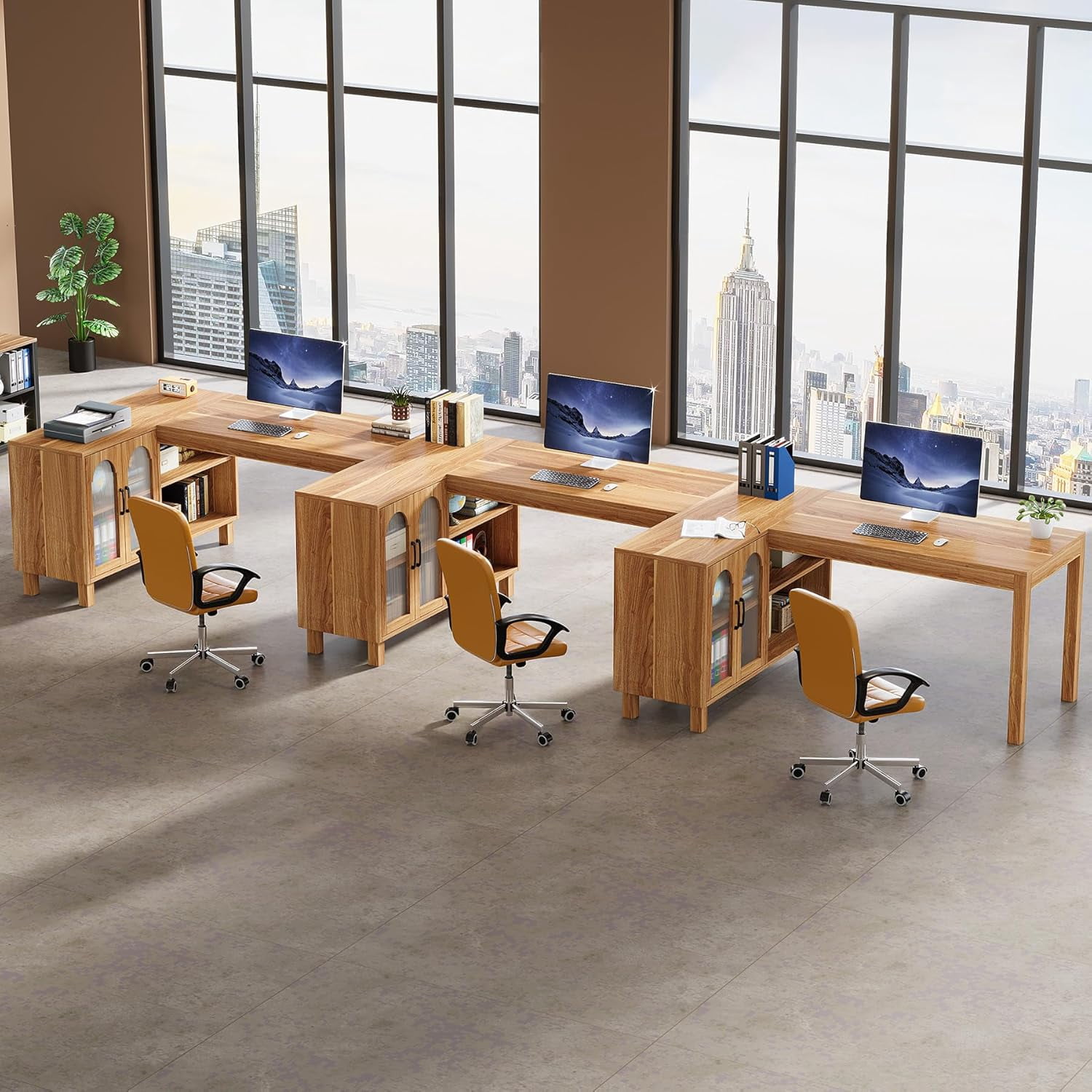 Fnova 59" Farmhouse L Shaped Desk with Storage, Computer Office Desk Writing Table Workstation, Spacious Executive Desk with 4 Storage Shelves, Brown