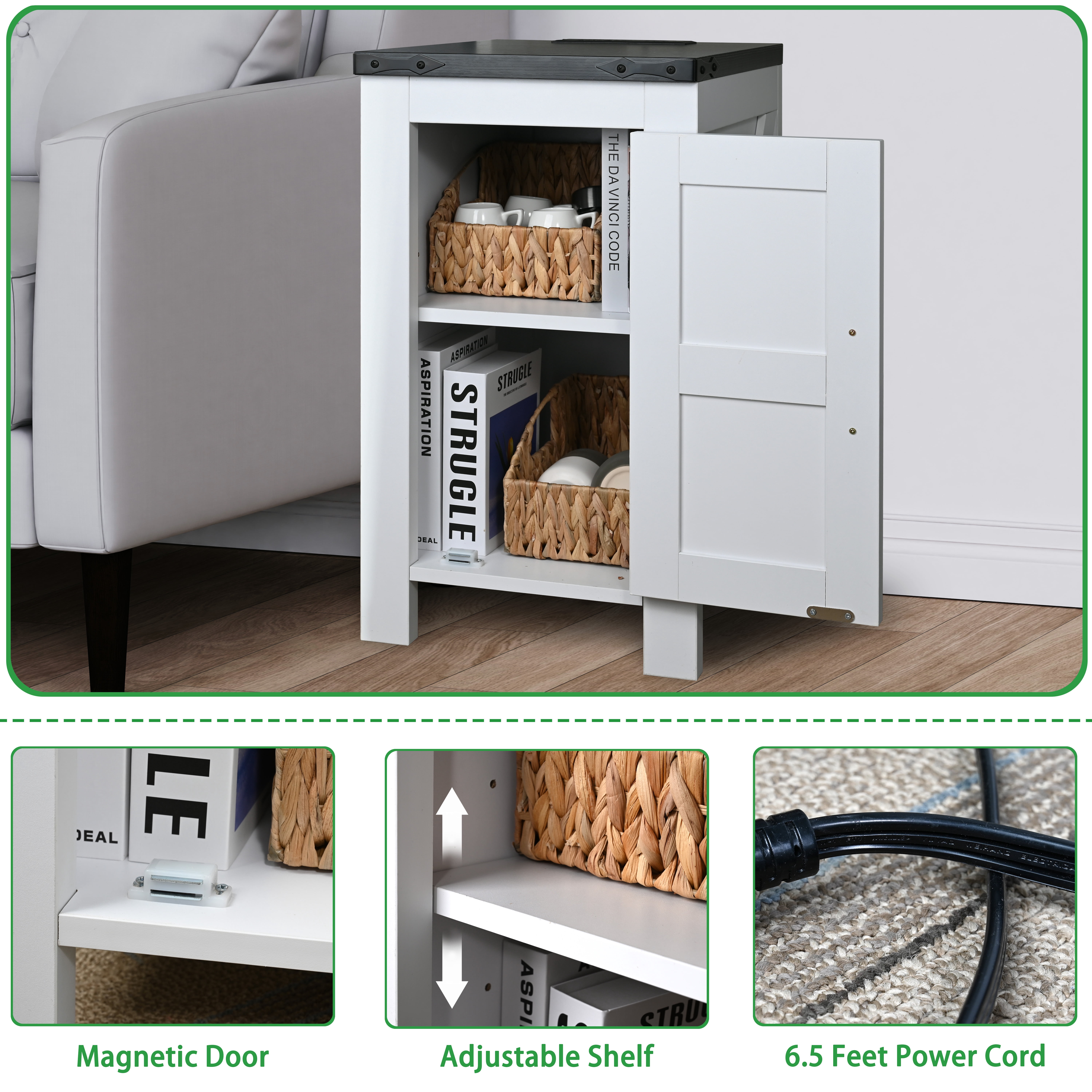 Ollieroo Indoor Storage Wood Rectangle End Table, White