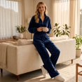 thumbnail image 4 of Szluipve 2 Piece Sets for Women Velour 2 Piece Tracksuit Half Zip Stand Collar Long Sleeve Top Elastic Waist Wide Leg Pants Casual Velvet Loungewear Outfit Dark Blue S, 4 of 8