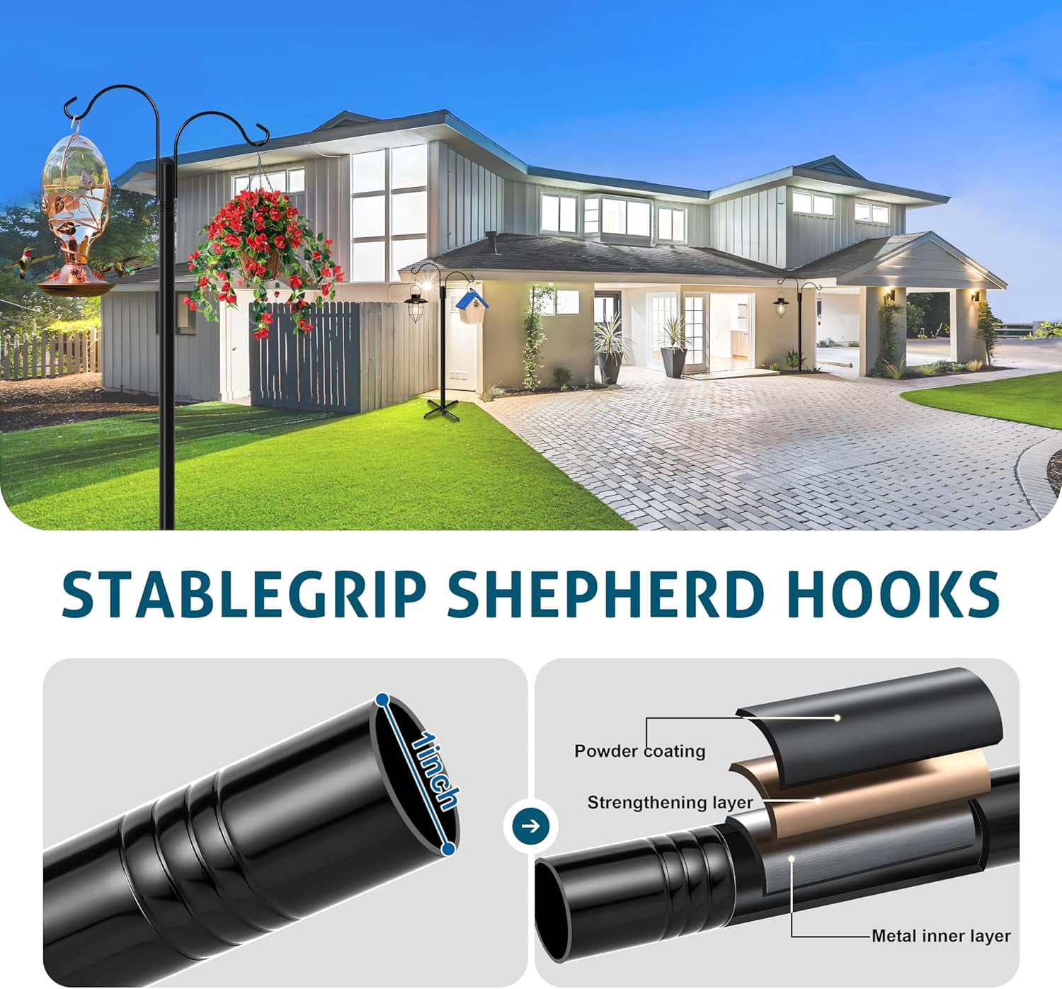 Ottsuls Double Shepherds Hooks for Outdoor, 76 Inch Bird Feeder Pole with 5 Prong Base, Upgrade 1 INCH Thick Heavy Duty Planter Hook Hanging Baskets, Lantern,1 Pack