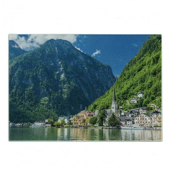 Landscape Cutting Board, Natural View of Hallstatt in Austria Mountains Forest Town Houses Clear Sky, Decorative Tempered Glass Cutting and Serving Board, Small Size, Green Blue White, by Ambesonne