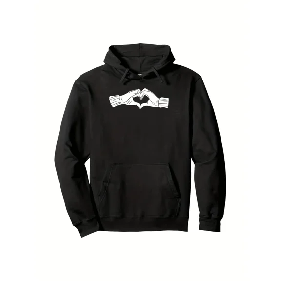 Black White Finger Heart Hand Print Love Graphic Unisex Pullover Warm Hoodie Shirt for Men & Women, up to Size 5XL