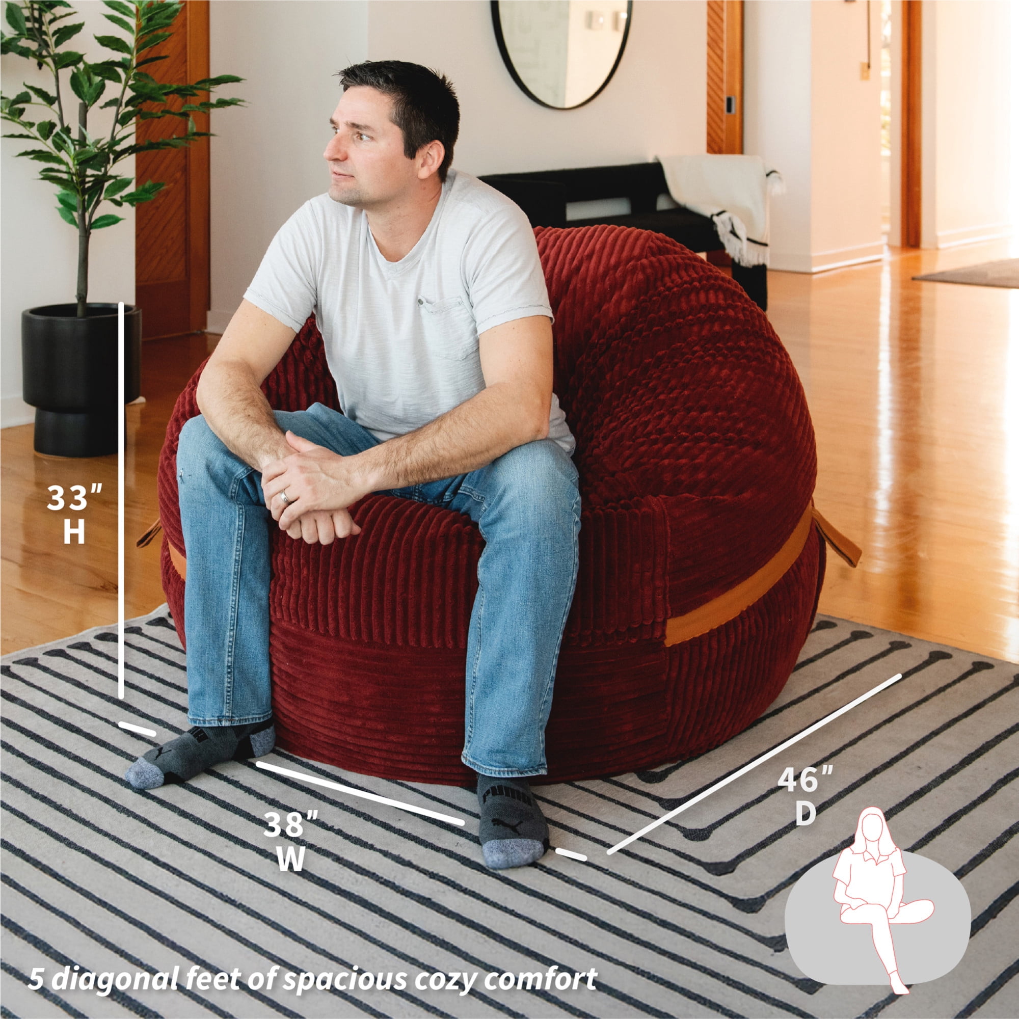 Big Joe Fuf 5Ft Oversized Foam Bean Bag Chair for Kids, Teens, Adults, Deep Terracotta, Corded Plush, 5 foot Large Reading and Gaming Seat