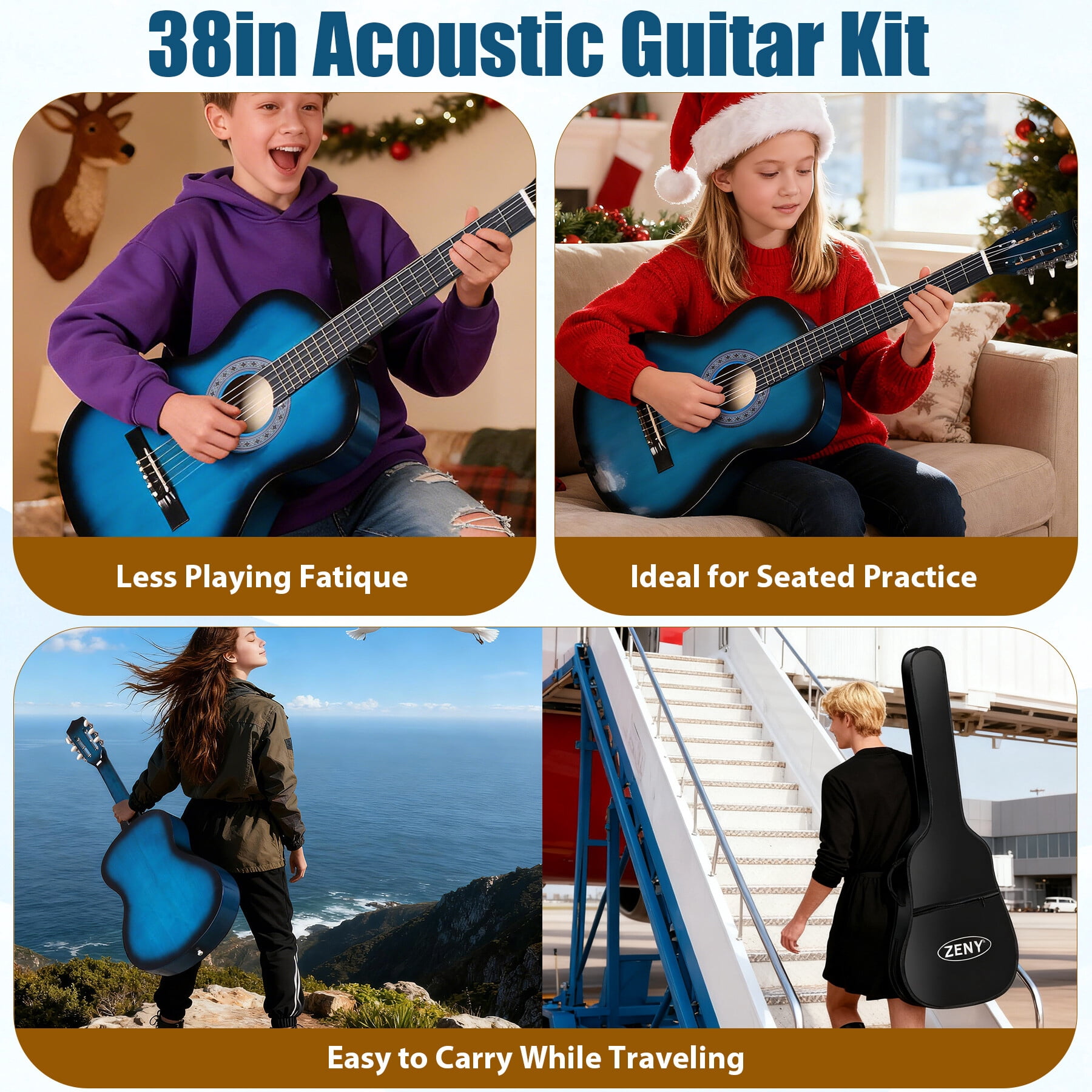 ZENY 38" Acoustic Guitar for Beginners, Student Starter Kit with Gig Bag, Strap, Tuner & Picks -Blue