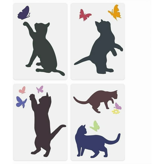 4 Pack Cat Playing with Butterfly Wall Stencil Templates 11.7 x 8.3 Inch Reusable Cat Stencils for Painting on Wood Wall Floor Fabric DIY Home Decor Craft Stencil